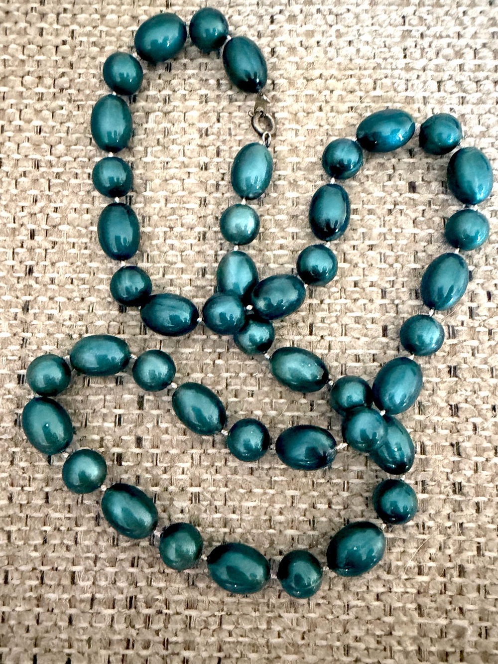 Vintage Teal Beaded Necklace Oval & Round Pearlescent Acrylic 24” Knotted Cord